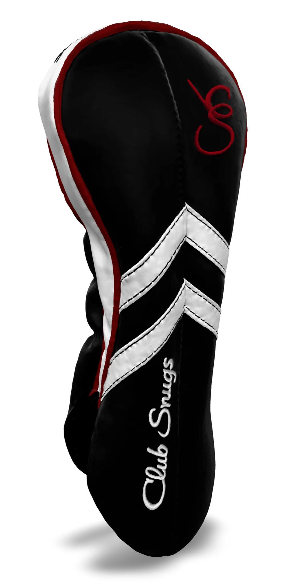 Left-Side view of a Black, Black, White, and Red Retro-T Driver Headcover with Dual-V stripe and split seam