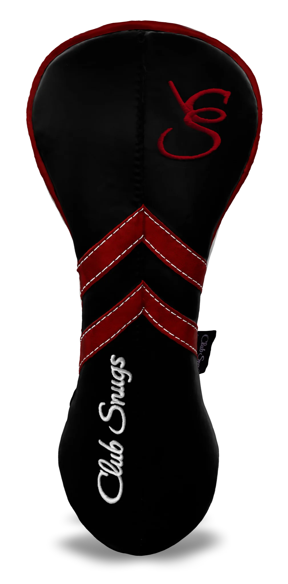 Front View view of a Black, Black, Red, and Red Retro-T Driver Headcover with Dual-V stripe and split seam