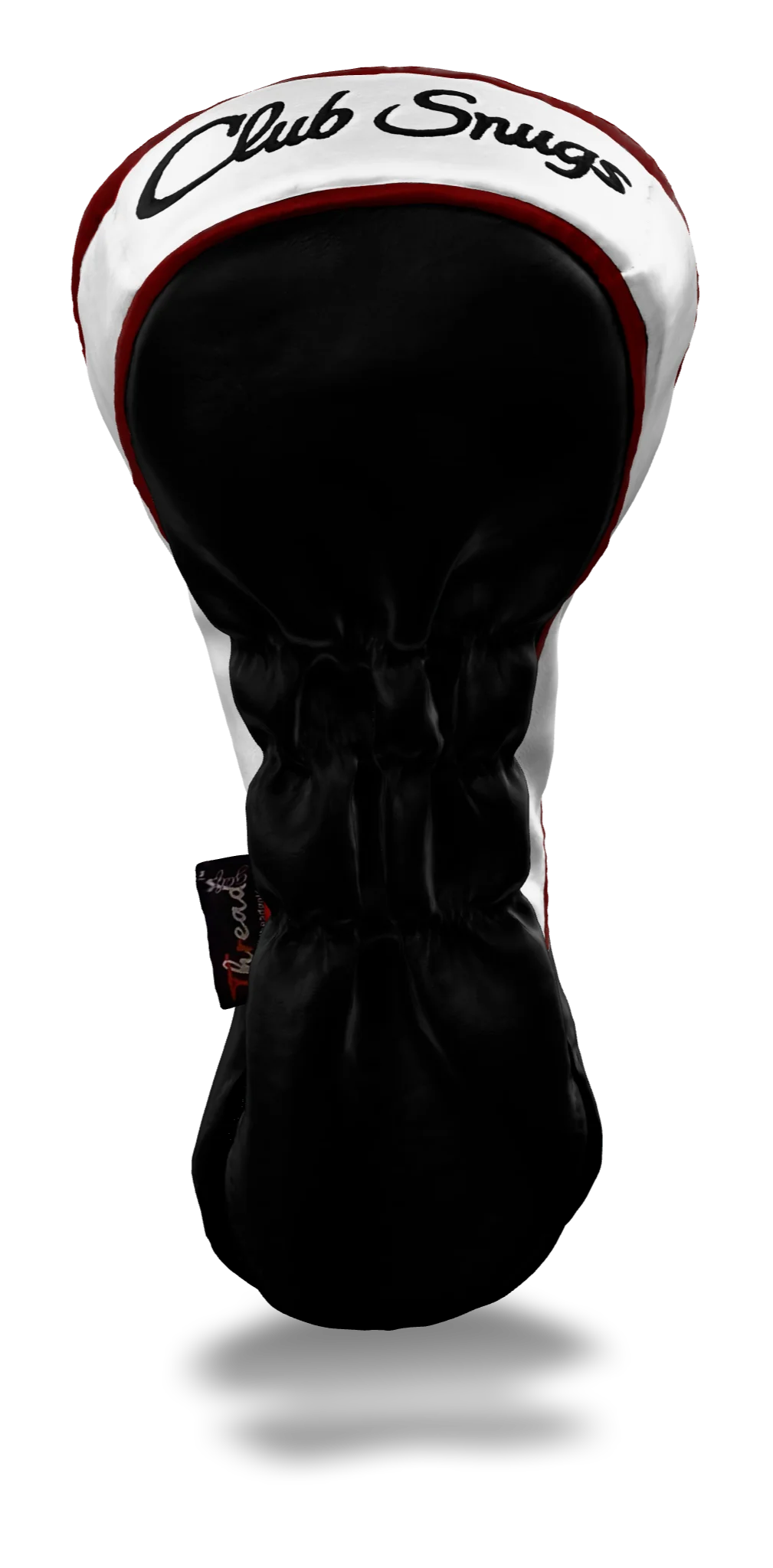 Back view of a Black, Black, Red, and Red Retro-T Driver Headcover with Dual-V stripe and split seam