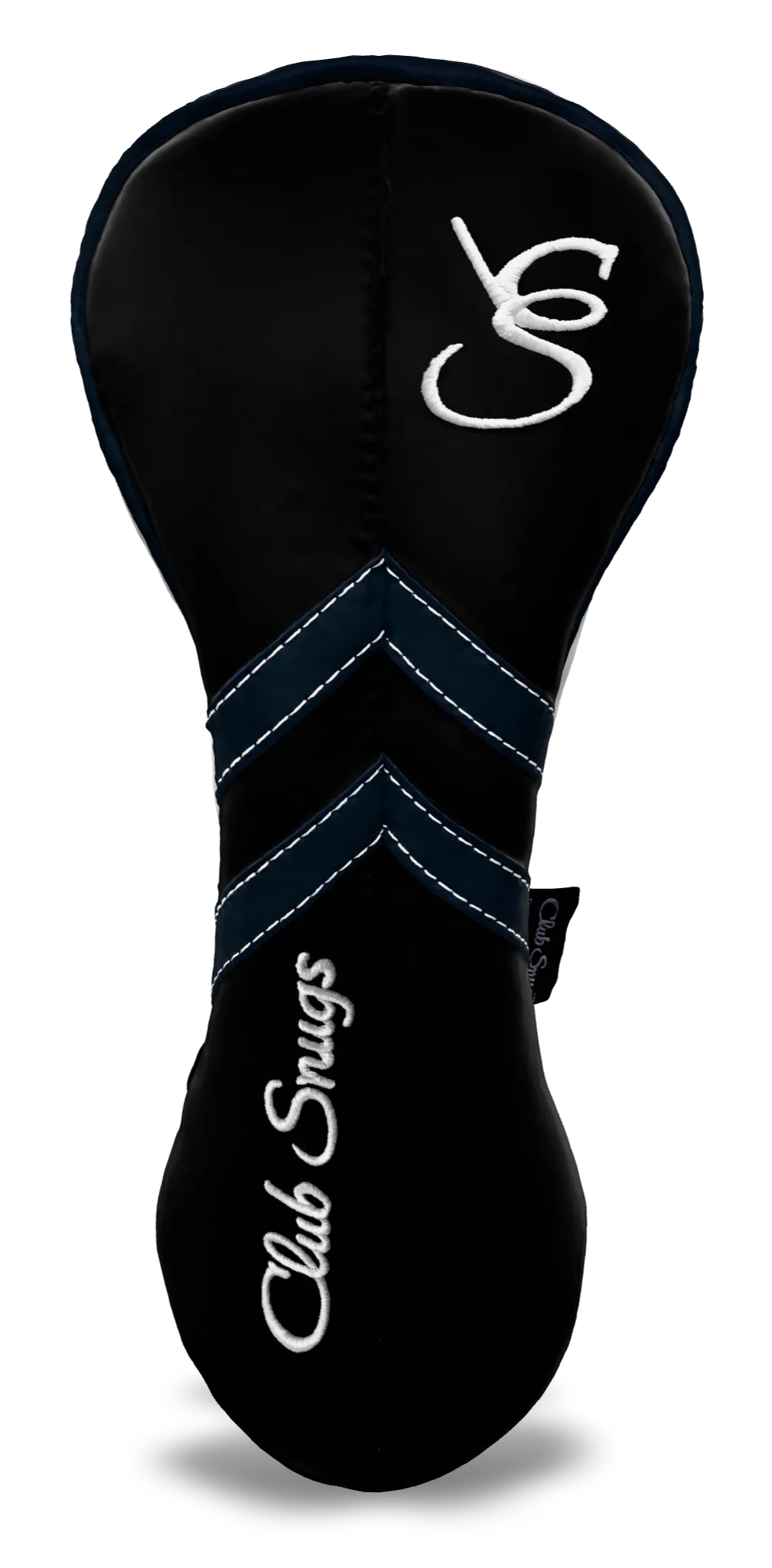 Front View view of a Black, Black, Navy, and Navy Retro-T Driver Headcover with Dual-V stripe and split seam