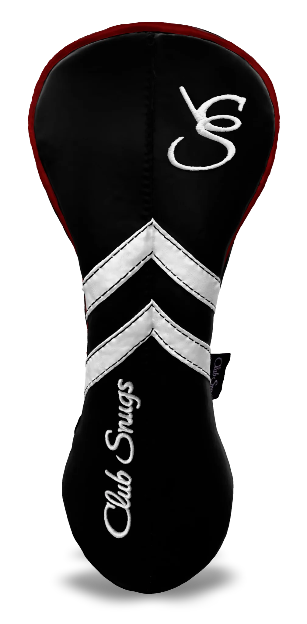 Front View view of a Black, Black, White, and Red Retro-T Driver Headcover with Dual-V stripe and split seam