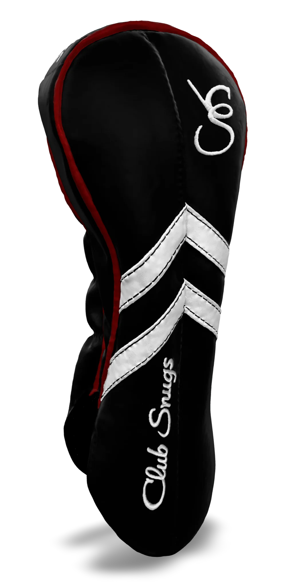 Left-Side view of a Black, Black, White, and Red Retro-T Driver Headcover with Dual-V stripe and split seam