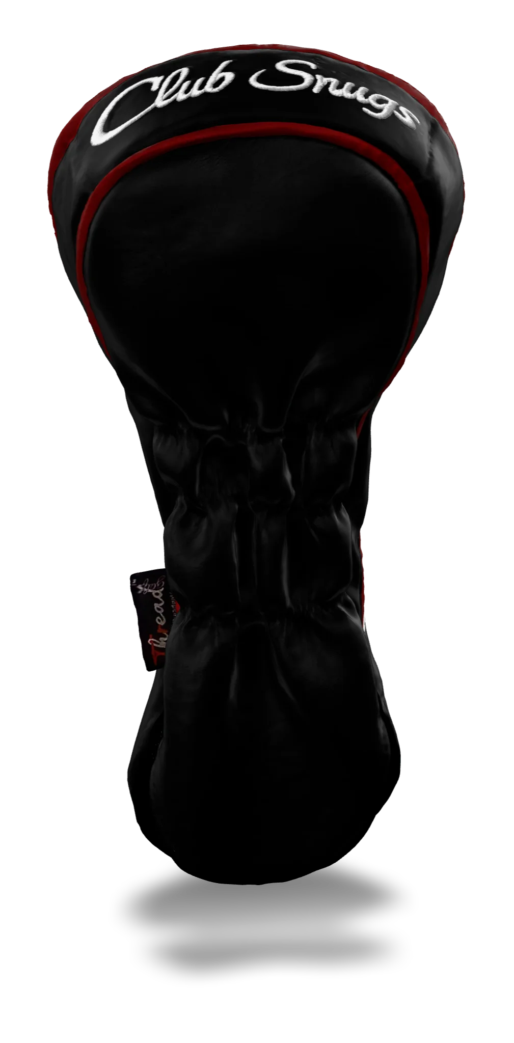 Back view of a Black, Black, White, and Red Retro-T Driver Headcover with Dual-V stripe and split seam