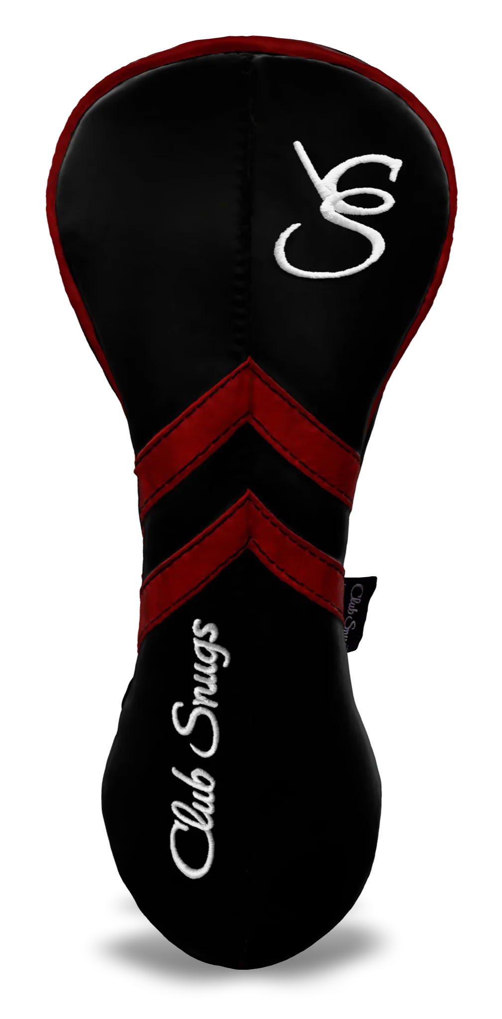 Front View view of a Black, Black, Red, and Red Retro-T Driver Headcover with Dual-V stripe and split seam