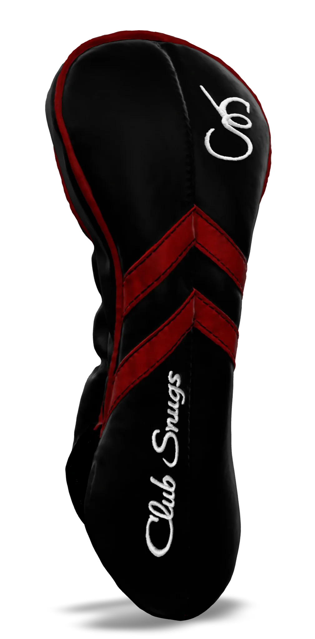 Left-Side view of a Black, Black, Red, and Red Retro-T Driver Headcover with Dual-V stripe and split seam