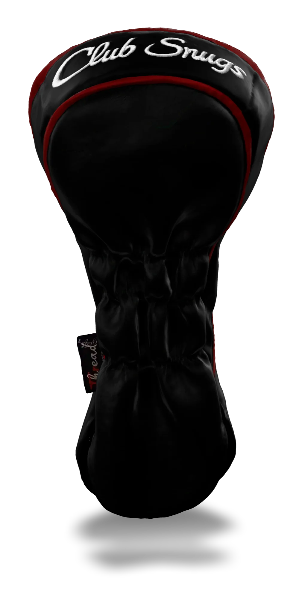 Back view of a Black, Black, Red, and Red Retro-T Driver Headcover with Dual-V stripe and split seam