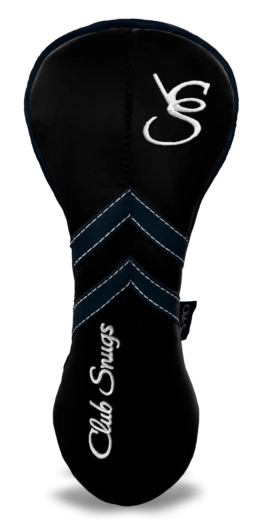 Front View view of a Black, Black, Navy, and Navy Retro-T Driver Headcover with Dual-V stripe and split seam