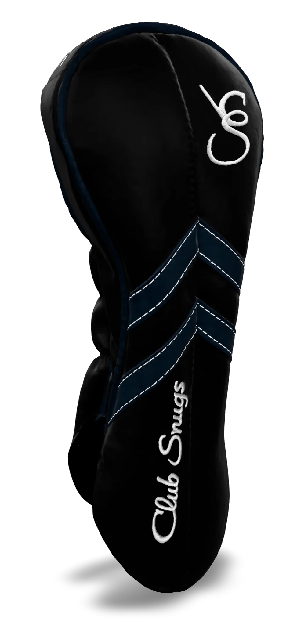 Left-Side view of a Black, Black, Navy, and Navy Retro-T Driver Headcover with Dual-V stripe and split seam