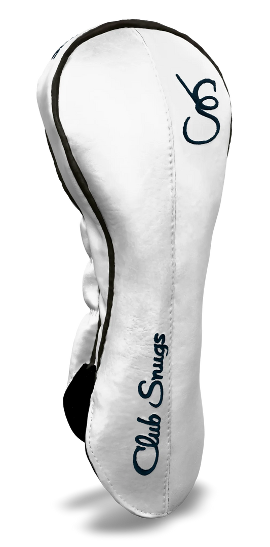 Left-Side view of a White, White, Gray, and Navy Classic Driver Headcover with split seam