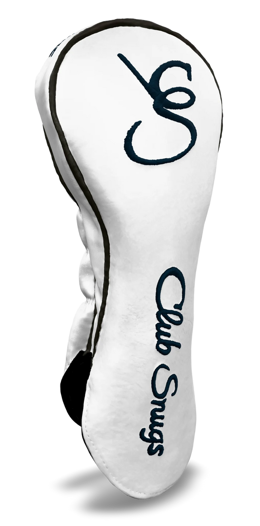 Left-Side view of a Exclusive White, Gray, Navy, and Navy Shield Driver Headcover with prominent branding