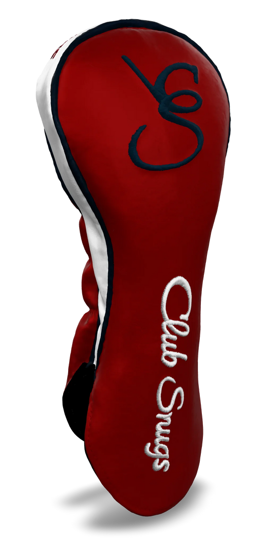 Left-Side view of a Exclusive Red, Navy, White, and Navy Shield Driver Headcover with prominent branding
