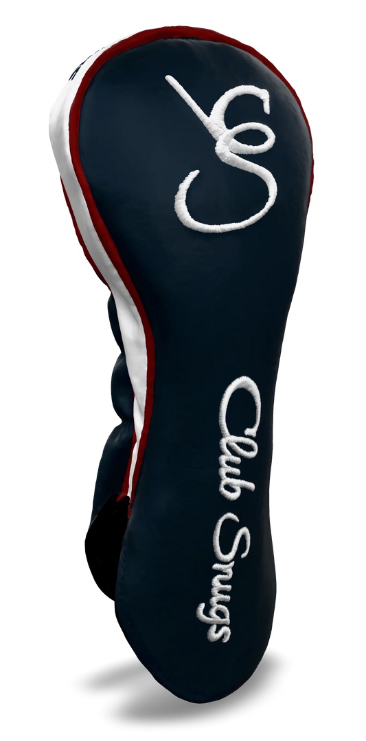 Left-Side view of a Exclusive Navy, Red, White, and White Shield Driver Headcover with prominent branding