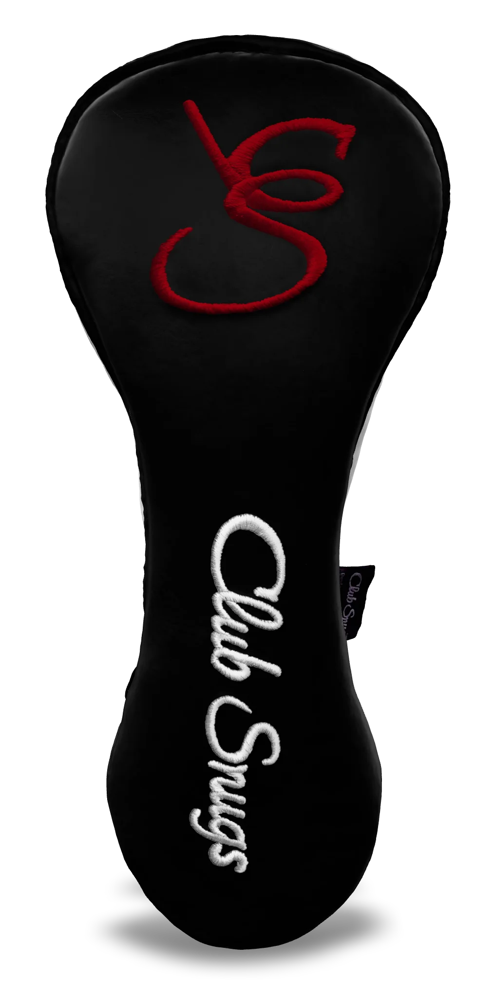 Front View view of a Exclusive Black, Black, White, and Red Shield Driver Headcover with prominent branding