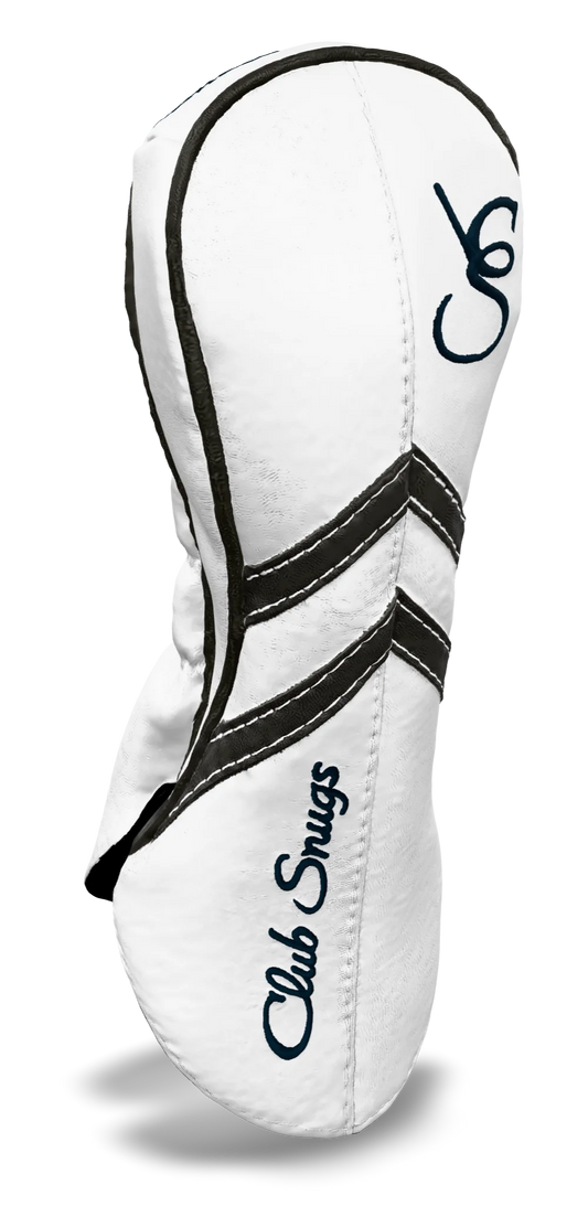 Left-Side view of a White, White, Gray, and Gray Retro-T Fairway Headcover with Dual-V stripe and split seam