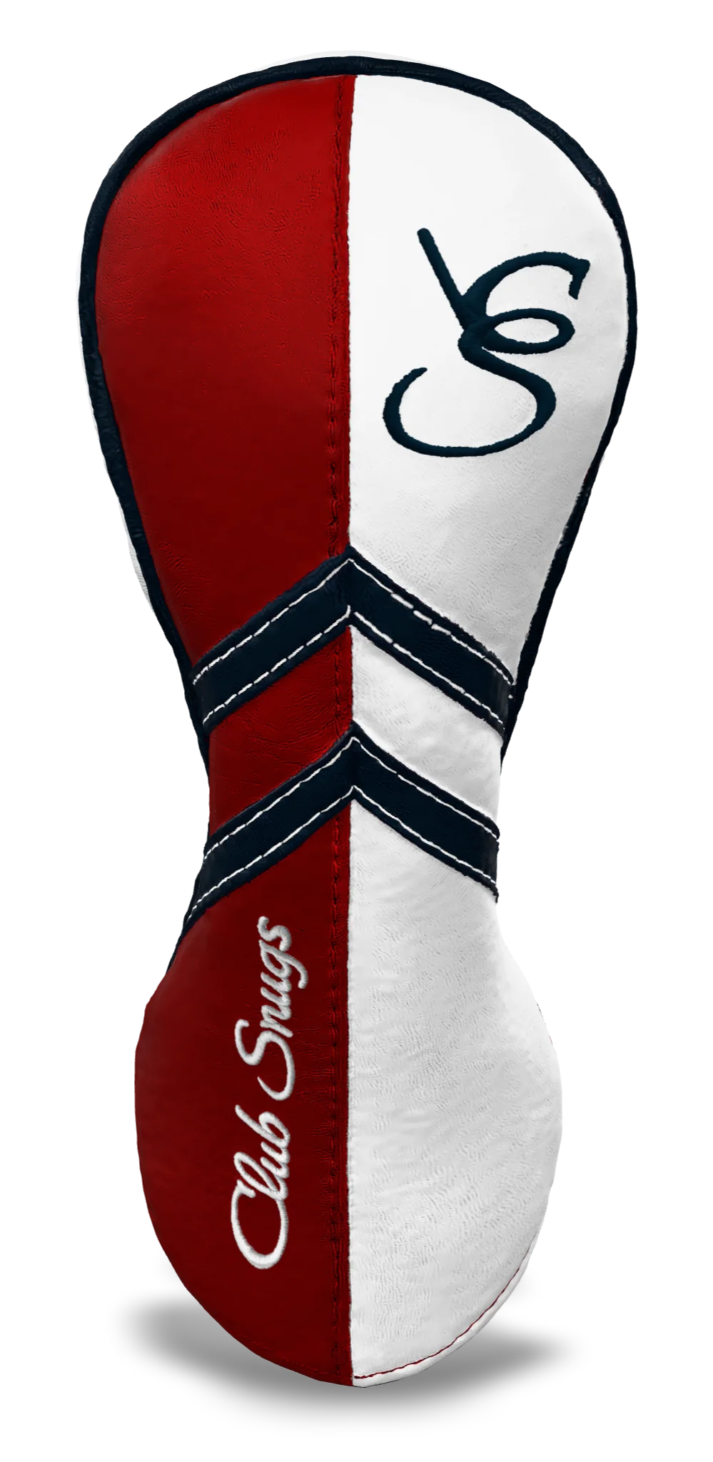 Front View view of a Red, White, Navy, and Navy Retro-T Fairway Headcover with Dual-V stripe and split seam