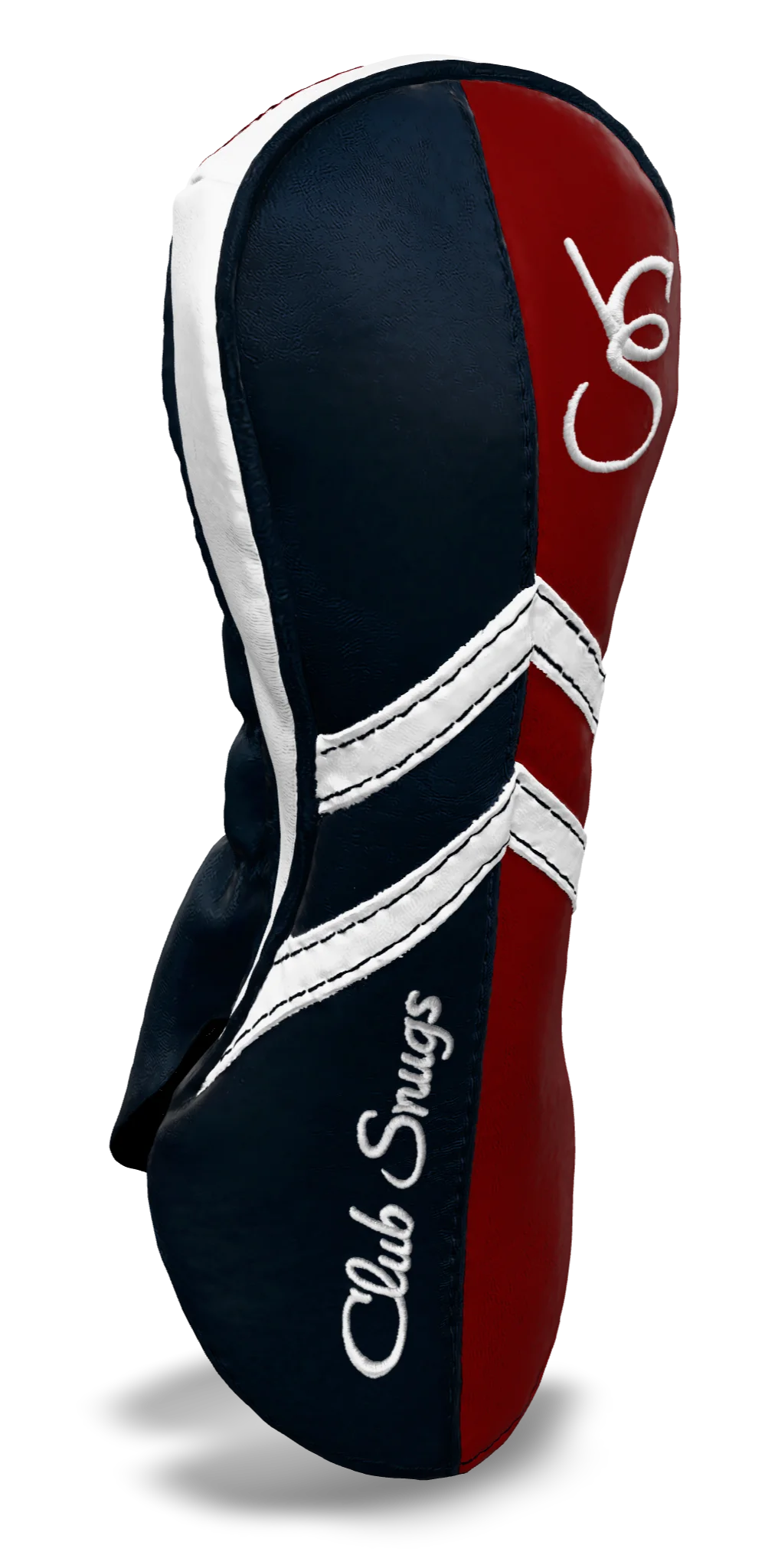 Left-Side view of a Navy, Red, White, and Navy Retro-T Fairway Headcover with Dual-V stripe and split seam