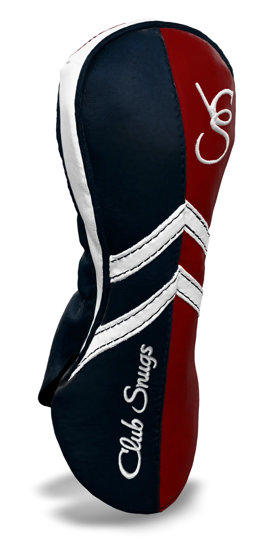 Left-Side view of a Navy, Red, White, and Navy Retro-T Fairway Headcover with Dual-V stripe and split seam