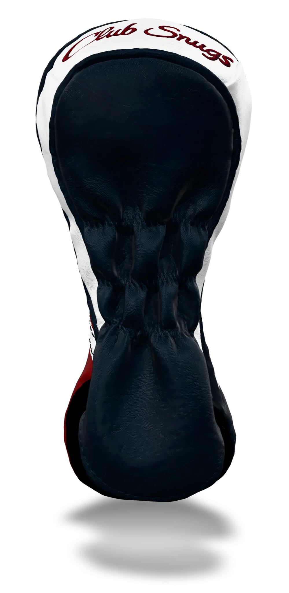 Back view of a Navy, Red, White, and Navy Retro-T Fairway Headcover with Dual-V stripe and split seam