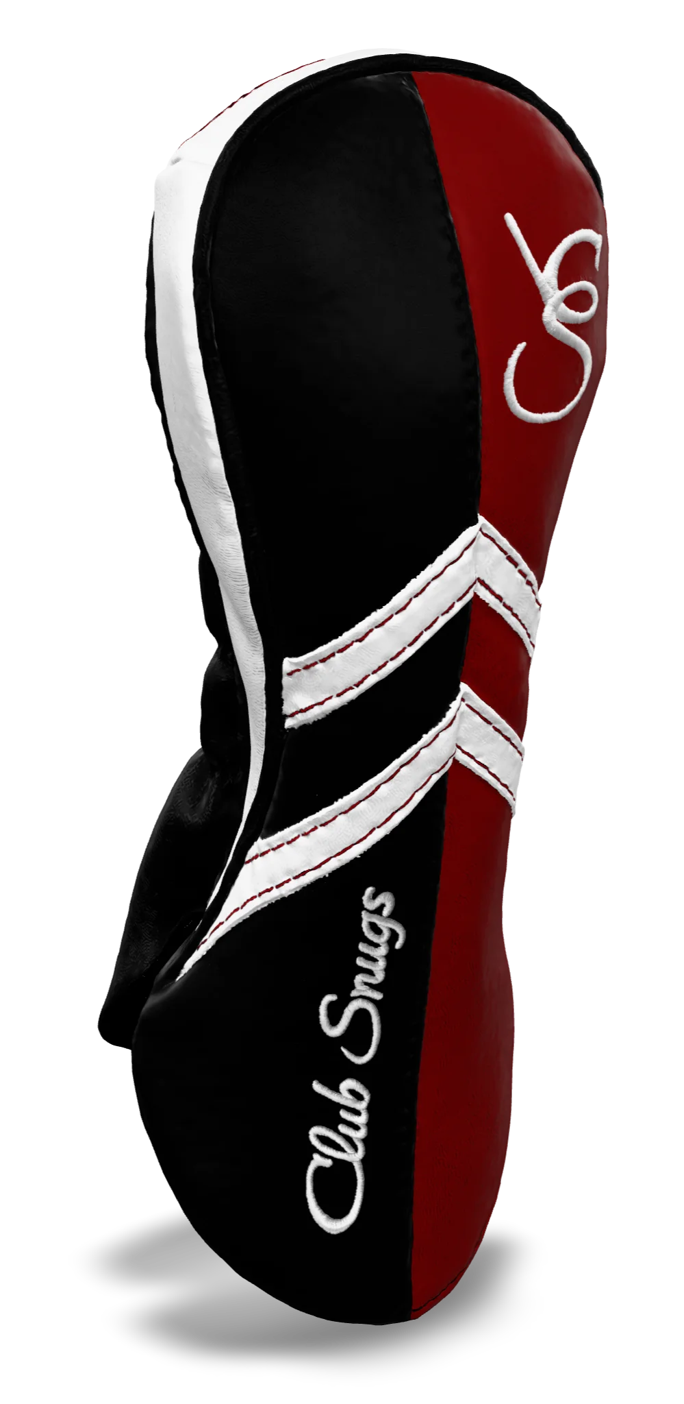 Left-Side view of a Black, Red, White, and Black Retro-T Fairway Headcover with Dual-V stripe and split seam