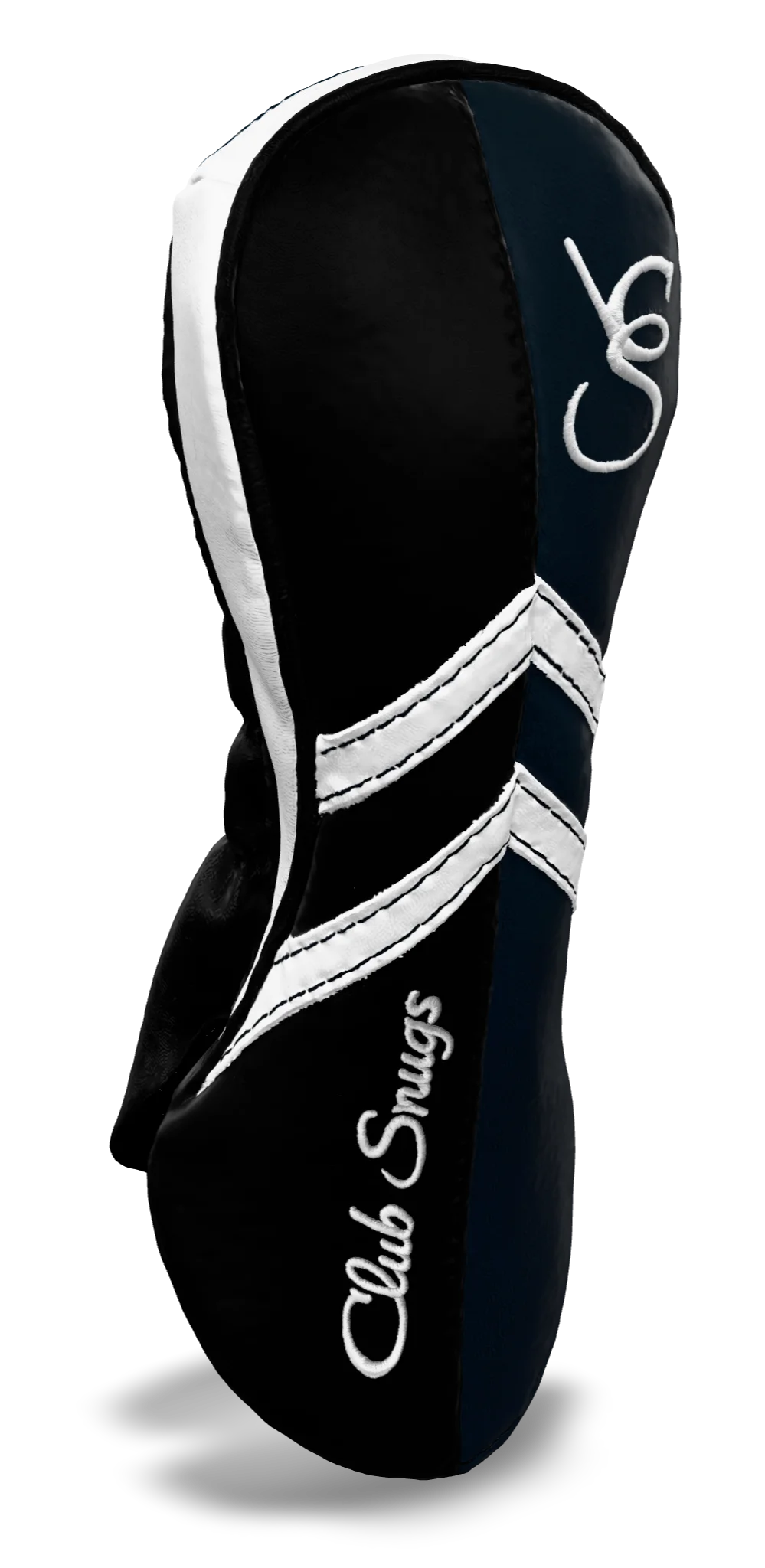 Left-Side view of a Black, Navy, White, and Black Retro-T Fairway Headcover with Dual-V stripe and split seam