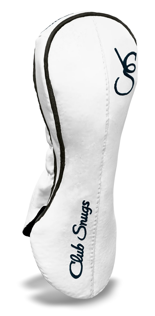 Left-Side view of a Bold White, White, Gray, and Navy Classic Fairway Headcover with split seam