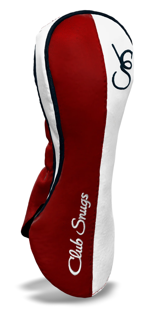 Left-Side view of a Bold Red, White, Navy, and Navy Classic Fairway Headcover with split seam