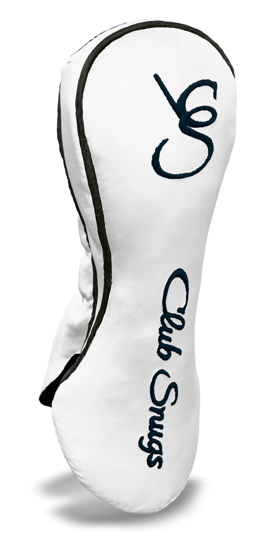 Left-Side view of a White, Gray, Navy, and Navy Shield Fairway Headcover with bold branding
