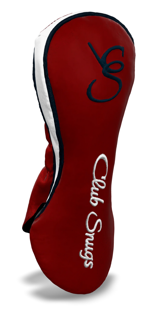 Left-Side view of a Red, Navy, White, and Navy Shield Fairway Headcover with bold branding