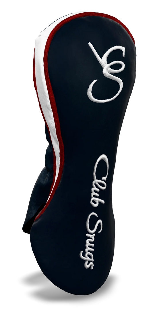 Left-Side view of a Navy, Red, White, and White Shield Fairway Headcover with bold branding