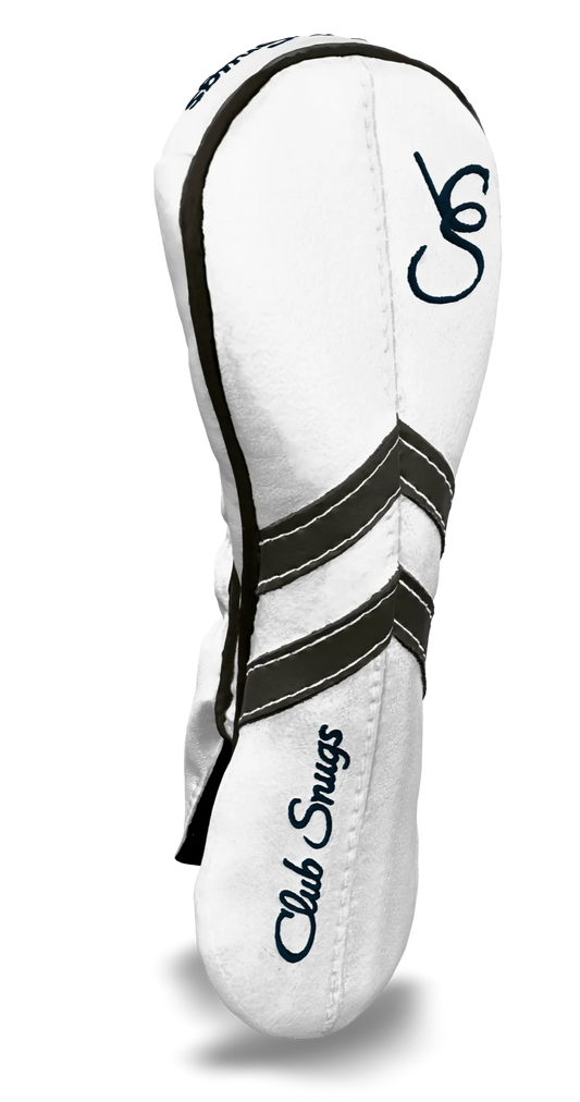 Left-Side view of a White, White, Gray, and Gray Retro-T Hybrid Headcover with Dual-V stripe and split seam
