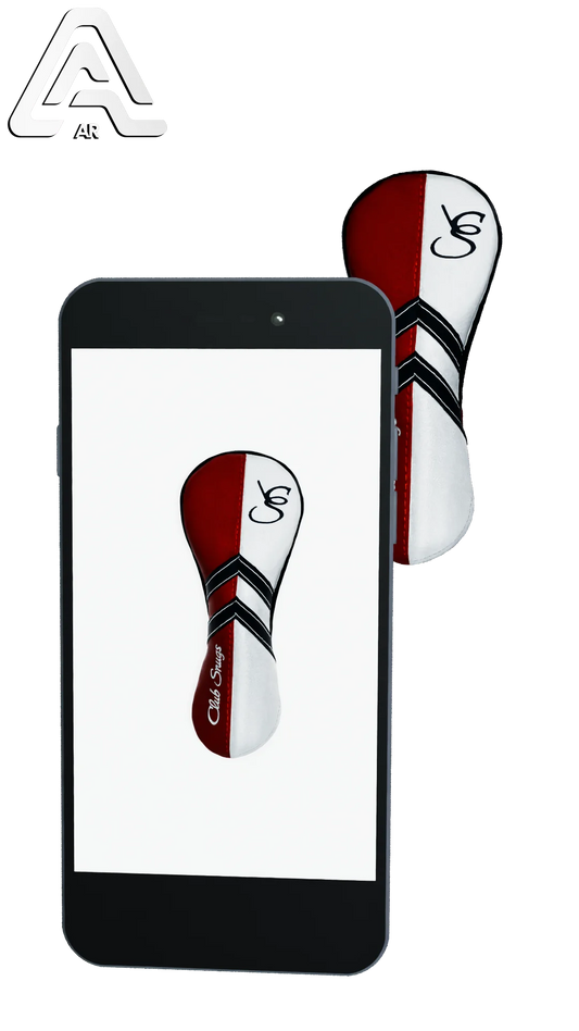 Left-Side view of a Red, White, Navy, and Navy Retro-T Hybrid Headcover with Dual-V stripe and split seam