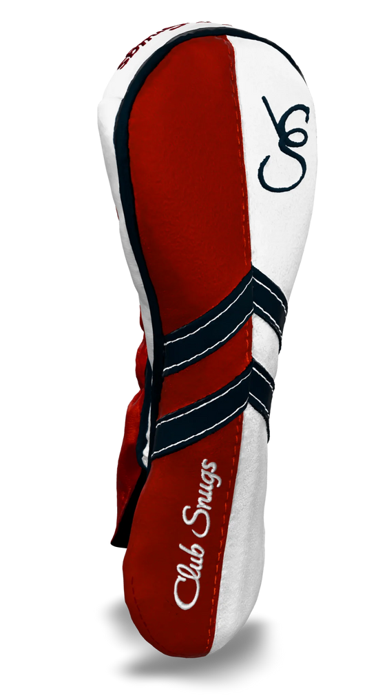 Left-Side view of a Red, White, Navy, and Navy Retro-T Hybrid Headcover with Dual-V stripe and split seam
