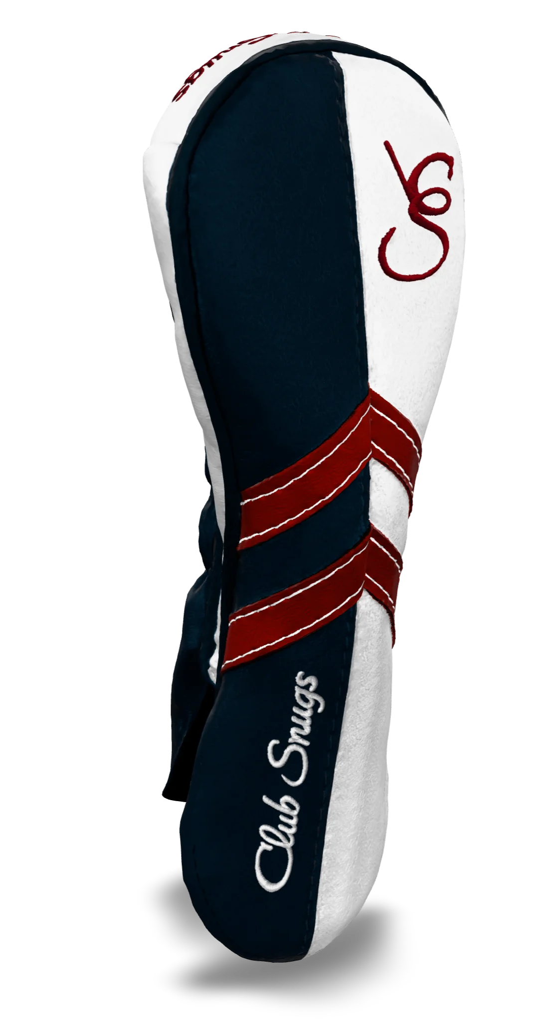 Left-Side view of a Navy, White, Red, and Navy Retro-T Hybrid Headcover with Dual-V stripe and split seam