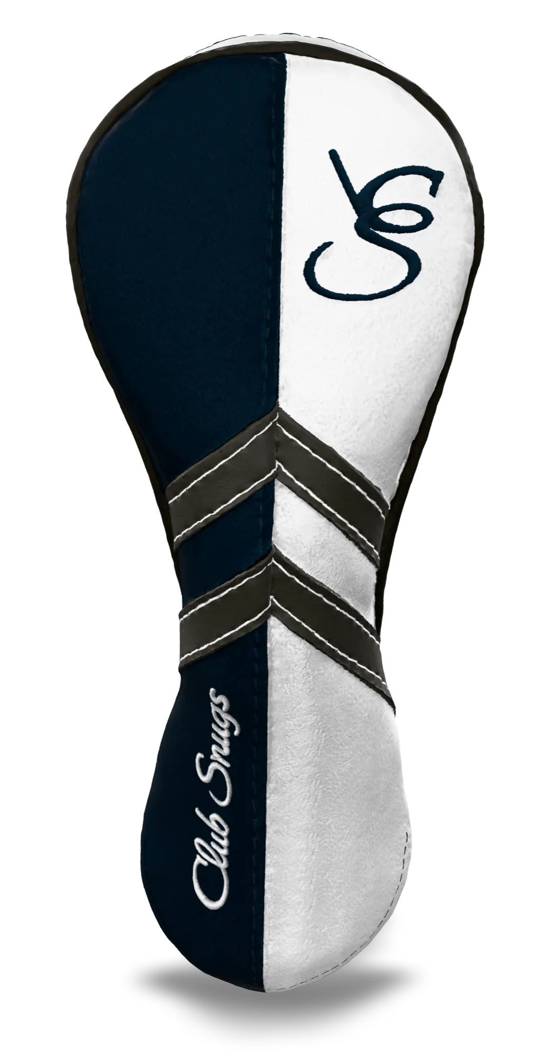 Front View view of a Navy, White, Gray, and Gray Retro-T Hybrid Headcover with Dual-V stripe and split seam