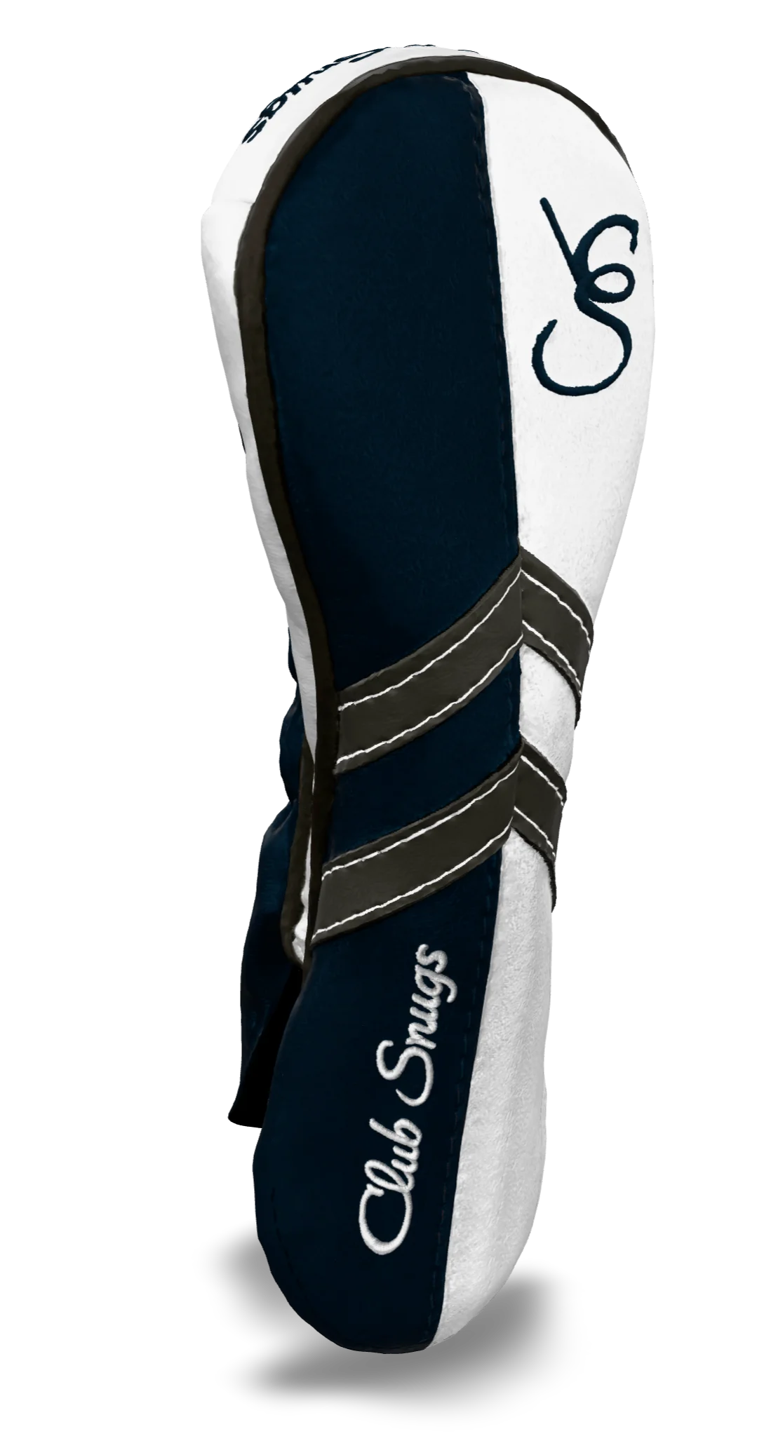Left-Side view of a Navy, White, Gray, and Gray Retro-T Hybrid Headcover with Dual-V stripe and split seam