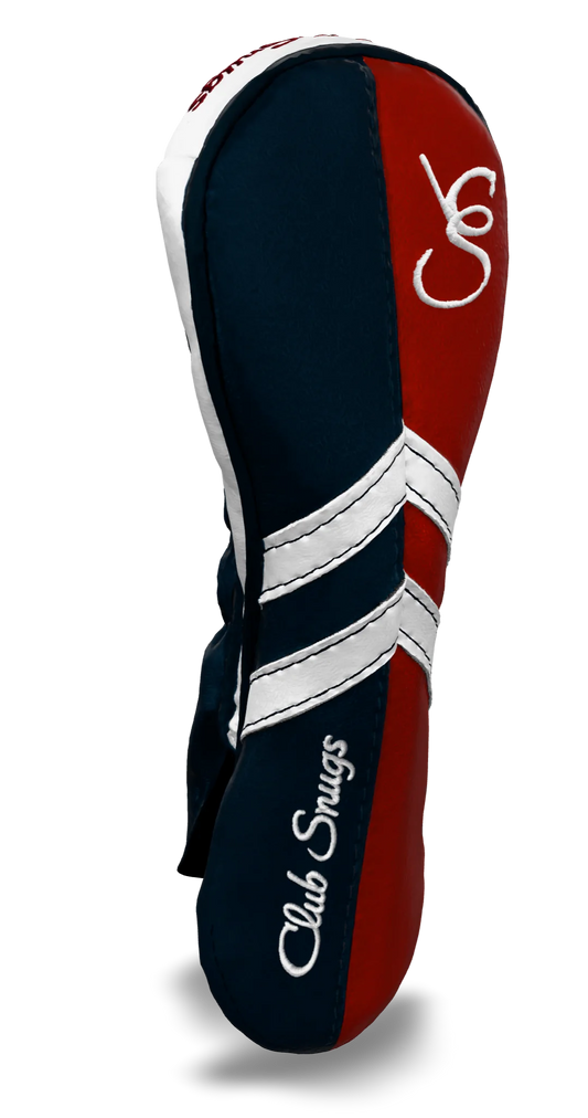 Left-Side view of a Navy, Red, White, and Navy Retro-T Hybrid Headcover with Dual-V stripe and split seam