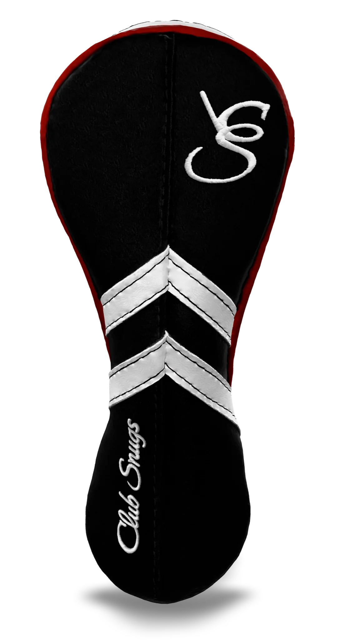 Front view of a Black, Black, White, and Red Retro-T Hybrid Headcover with Dual-V stripe and split seam