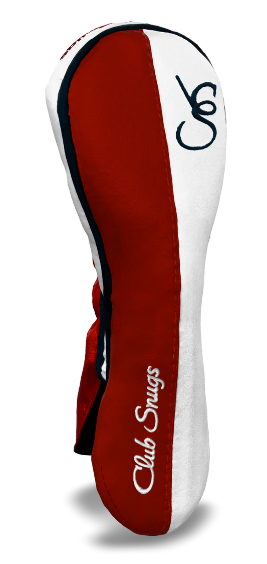 Left-Side view of a Exclusive Red, White, Navy, and Navy Classic Hybrid Headcover with split seam