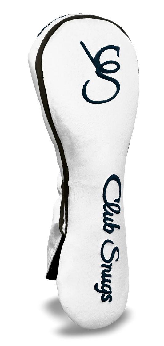 Left-Side view of a Bold White, Gray, Navy, and Navy Shield Hybrid Headcover with large branding