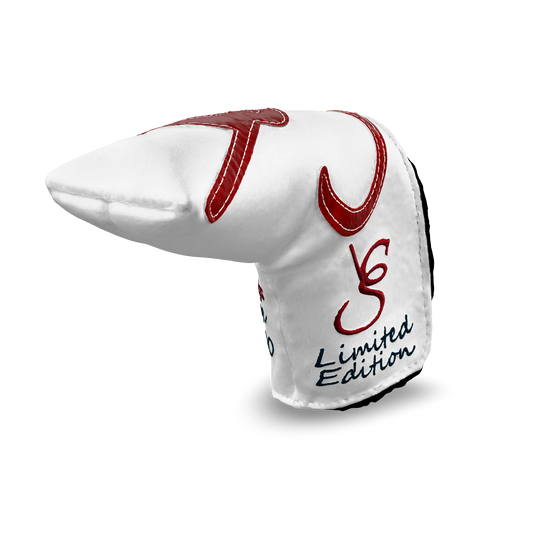 Right side view of the CS Proto Blade Putter Headcover in White, Red, and Navy, featuring the exclusive signature logo and limited edition badging, highlighting the craftsmanship and design.