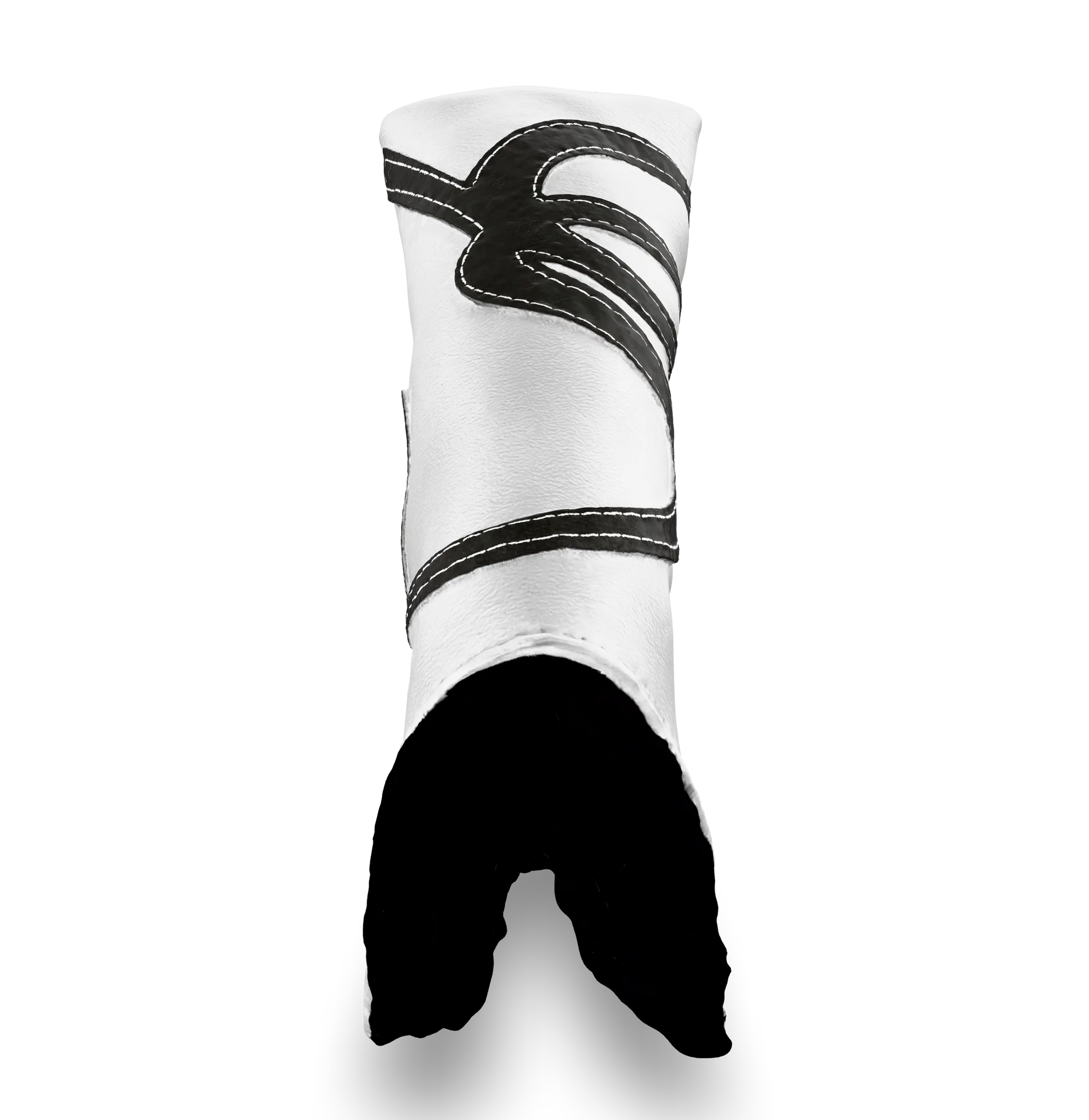 Top view of the CS Proto Blade Putter Headcover in White, Gray, and Gray, highlighting the Club Snugs signature logo, top line, and anti-scratch fleece interior, designed to protect your putter while adding a premium feel.