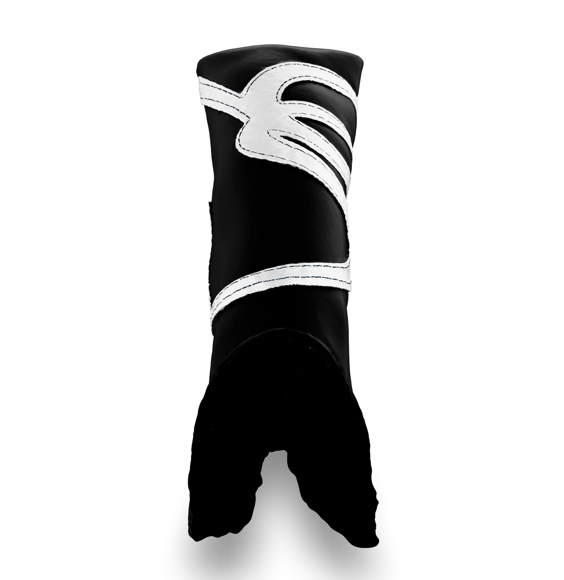 Top view of the CS Proto Blade Putter Headcover in Black, White, and White, highlighting the Club Snugs signature logo, top line, and anti-scratch fleece interior, designed to protect your putter while adding a premium feel.