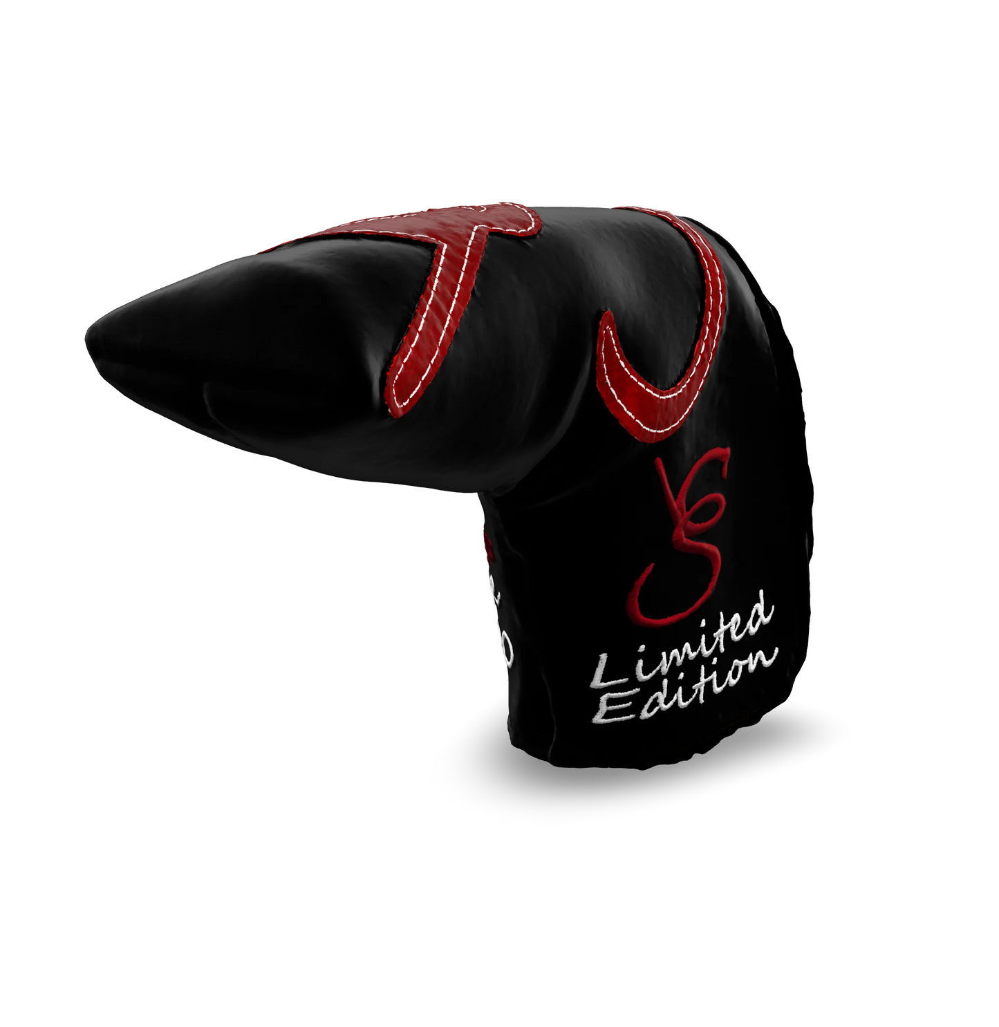 Right side view of the CS Proto Blade Putter Headcover in Black, Red, and White, featuring the exclusive signature logo and limited edition badging, highlighting the craftsmanship and design.