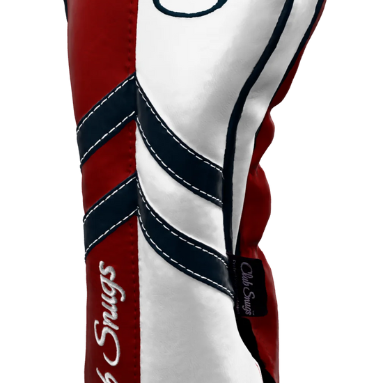 Right-Side view of a Red, White, Navy, and Navy Retro-T Driver Headcover with Dual-V stripe and split seam