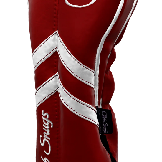 Right-Side view of a Red, Red, White, and White Retro-T Driver Headcover with Dual-V stripe and split seam