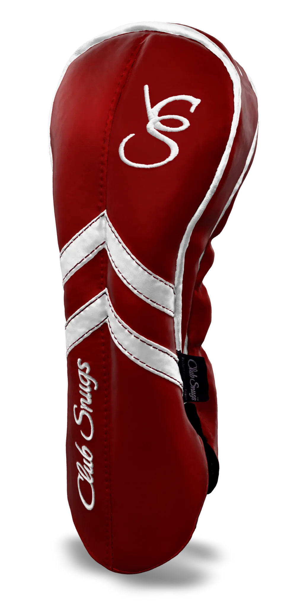 Right-Side view of a Red, Red, White, and White Retro-T Driver Headcover with Dual-V stripe and split seam