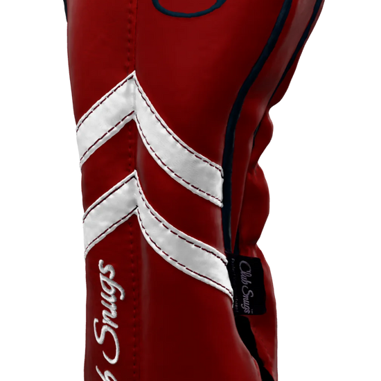 Right-Side view of a Red, Red, White, and Navy Retro-T Driver Headcover with Dual-V stripe and split seam