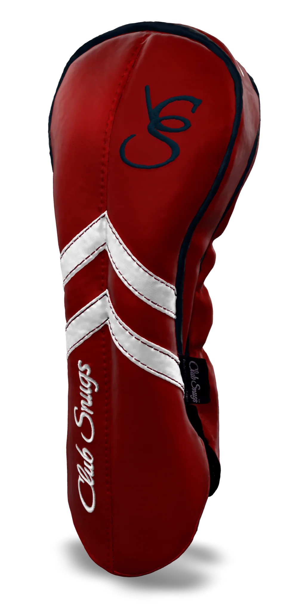 Right-Side view of a Red, Red, White, and Navy Retro-T Driver Headcover with Dual-V stripe and split seam