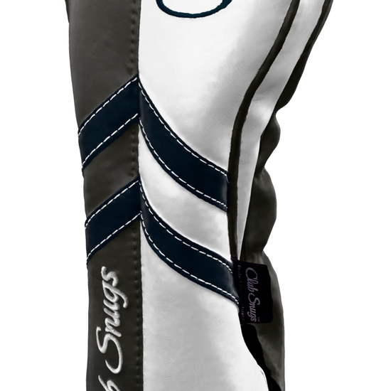 Right-Side view of a Gray, White, Navy, and Gray Retro-T Driver Headcover with Dual-V stripe and split seam