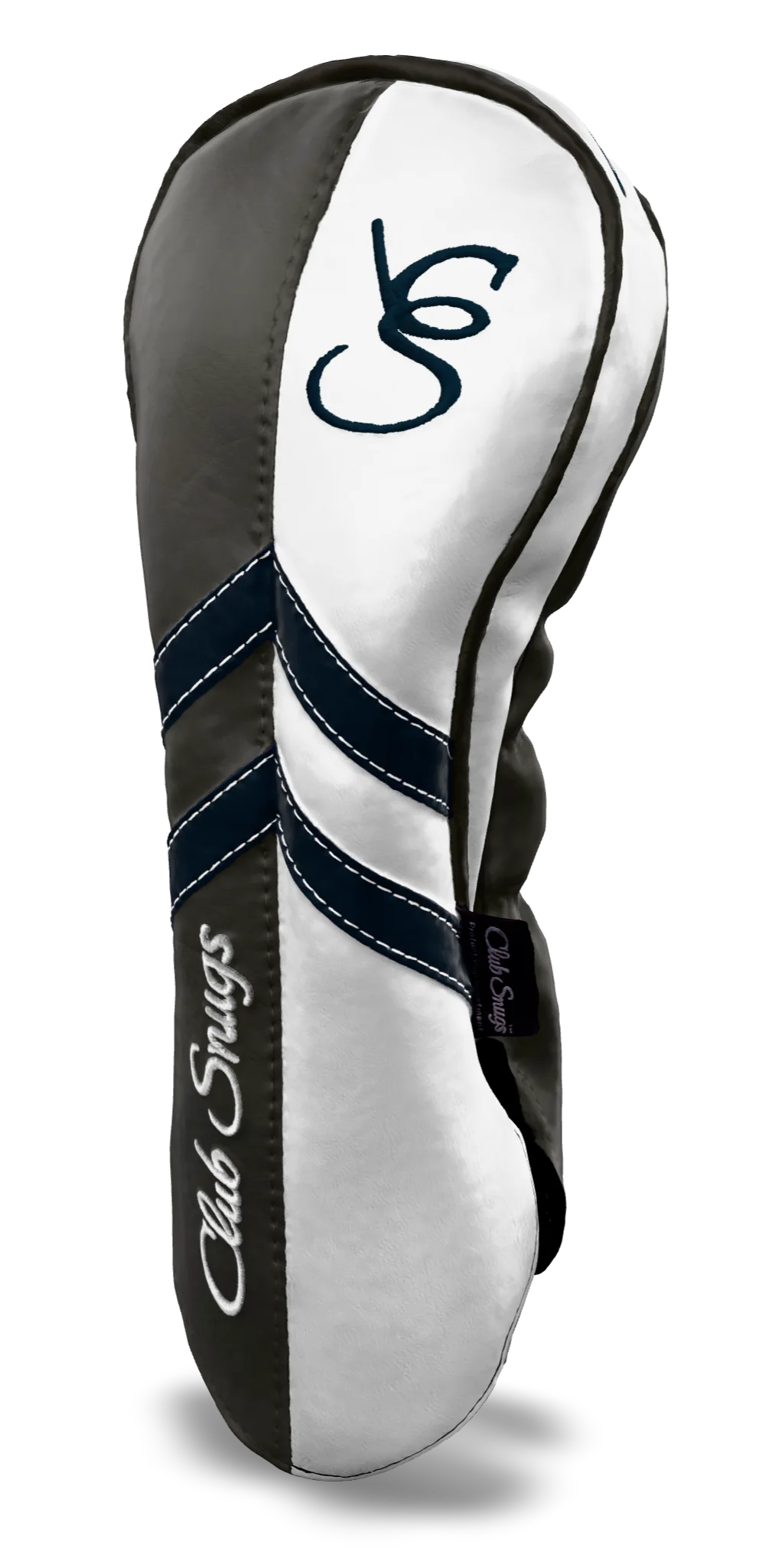 Right-Side view of a Gray, White, Navy, and Gray Retro-T Driver Headcover with Dual-V stripe and split seam